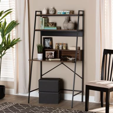 Baxton Studio Palmira Industrial Wood And Metal Desk With Shelves-Walnut Brown - Walnut Brown, Black 2 Baxton Studio Palmira Industrial Wood And Metal Desk With Shelves-Walnut Brown - Walnut Brown, Black - Image 2