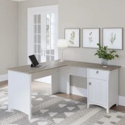 Salinas L-shaped Storage Desk By Bush Furniture - Shiplap Gray/Pure White