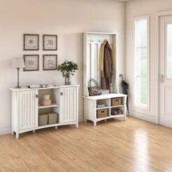 Salinas Entryway Storage Set With Hall Tree, Shoe Bench And Cabinet - White