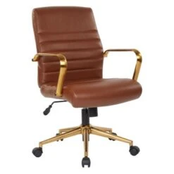 Ave Six Baldwin Mid-Back Faux Leather Chair With Gold Finish Arms And Base - Saddle