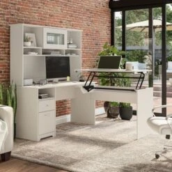 60W 3-position L-shaped Sit To Stand Desk With Hutch By Bush Furniture - White