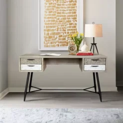 Bridges 4 Drawer Desk In Two Tone Acacia Wood -Office Storage Sales 1d1753a8 de64 4073 830a 8456fe34d867