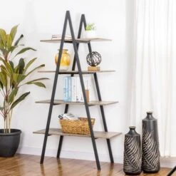 Glitzhome Casual 3-5 Tier Etagere Storage Bookcase Ladder Bookshelf - Black-3.5FT-H Shape