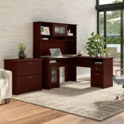 Cabot 60W L-Shaped Desk With Hutch And File Cabinet By Bush Furniture - Harvest Cherry
