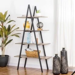 Glitzhome Casual 3-5 Tier Etagere Storage Bookcase Ladder Bookshelf - Walnut-5.4FT-A Shape -Office Storage Sales 3cb8e0a1 01d5 4308 a513 3fd9652dc216