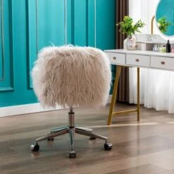 Modern Faux Fur Home Office Chair, Fluffy Chair For Girls, Makeup Vanity Chair With Gold / Silver Plating Base - White -Office Storage Sales 44e1023c 4092 467c 81bb 86bd1a9b8c5c