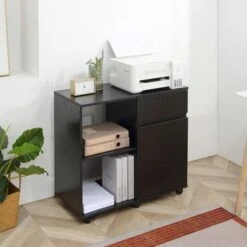 HOMCOM Filing Cabinet/Printer Stand With Open Storage Shelves, For Home Or Office Use, Including An Easy Drawer - Black