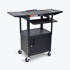 Luxor Adjustable Metal Cart W/ Keyboard Tray, Cabinet & Drop Leaf Shelves - Black