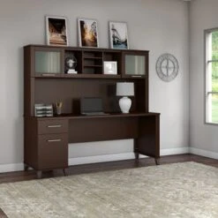 Bush Furniture Somerset 72W Office Desk With Hutch In Ash Gray - Mocha Cherry