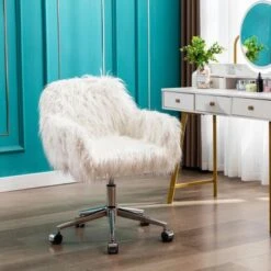 Modern Faux Fur Home Office Chair, Fluffy Chair For Girls, Makeup Vanity Chair With Gold / Silver Plating Base - White -Office Storage Sales 78faa973 db54 4e61 bc26 668ddcb68677