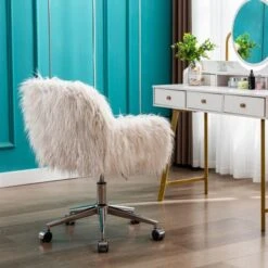Modern Faux Fur Home Office Chair, Fluffy Chair For Girls, Makeup Vanity Chair With Gold / Silver Plating Base - White -Office Storage Sales 8c082967 bcca 4bc9 be83 f86d9615b259