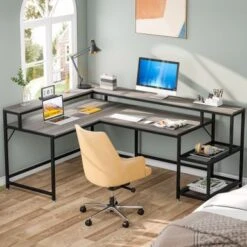 Lee Industrial L-Shaped Desk With Storage Shelves, Corner Computer Desk PC Laptop Study Table Workstation - Grey -Office Storage Sales 93265184 5a1d 43dd 8587 054e42bd7b55
