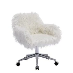 Modern Faux Fur Home Office Chair, Fluffy Chair For Girls, Makeup Vanity Chair With Gold / Silver Plating Base - White