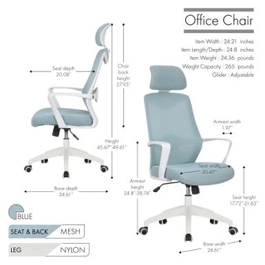 Porthos Home Cory Swivel Office Chair, Tall Mesh Back, Height Adjustable Seat - Blue 13 Porthos Home Cory Swivel Office Chair, Tall Mesh Back, Height Adjustable Seat - Blue - Image 13