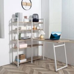 HOMCOM 5 Tier Versatile L-Shaped Computer Desk Writing Table With Display Shelves And Metal Frame, Space-Saving, For Study Room - Natural