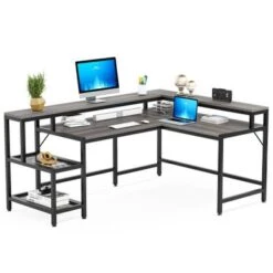 Lee Industrial L-Shaped Desk With Storage Shelves, Corner Computer Desk PC Laptop Study Table Workstation - Grey