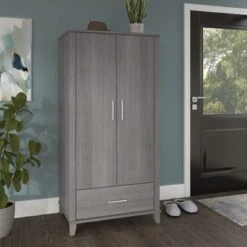 Somerset Tall Entryway Cabinet With Doors And Drawer By Bush Furniture - Platinum Gray
