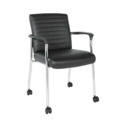 Guest Chair In Faux Leather With Carpet Casters - Black