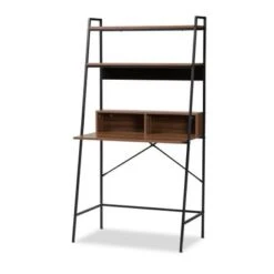 Baxton Studio Palmira Industrial Wood And Metal Desk With Shelves-Walnut Brown - Walnut Brown, Black
