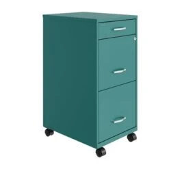 Space Solutions 18" Deep 3 Drawer Mobile Metal File Cabinet, Teal - Green - Letter