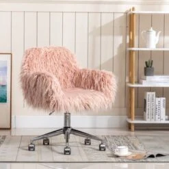Modern Faux Fur Home Office Chair, Fluffy Chair For Girls, Makeup Vanity Chair With Gold / Silver Plating Base - White -Office Storage Sales bab20333 396e 4bf2 ac54 42494ae1f868