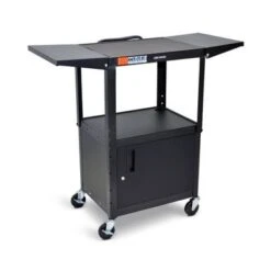 Luxor Adjustable Height Steel AV Cart W/ Cabinet, Drop Leaf - Black