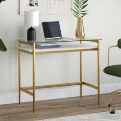 Eaton Desk - Brass 36" With Faux Marble Shelf