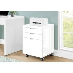 File Cabinet/ Rolling Mobile/ Storage Drawers/ Printer Stand/ Office/ Work/ Laminate/ Glossy White/ Contemporary/ Modern