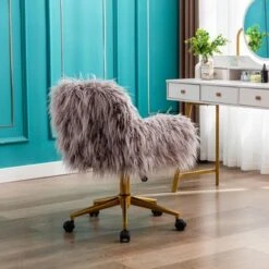 Modern Faux Fur Home Office Chair, Fluffy Chair For Girls, Makeup Vanity Chair With Gold / Silver Plating Base - White -Office Storage Sales d4487d59 c143 4416 ae49 25343e413029