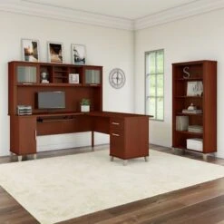 Somerset 72W L Shaped Desk With Hutch And 5 Shelf Bookcase - Hansen Cherry