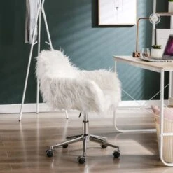 Modern Faux Fur Home Office Chair, Fluffy Chair For Girls, Makeup Vanity Chair With Gold / Silver Plating Base - White -Office Storage Sales e4db995d fabf 428a 8ea8 2aa53201b5c1