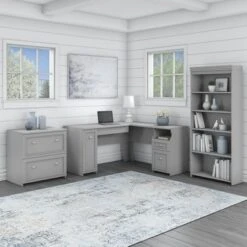 L-shaped Desk With Bookcase And File Cabinet - Cape Cod Gray